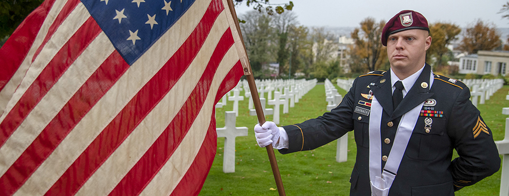 A soldier stands watch before President Donald Trump visits the American Cemetery of Suresnes, outside Paris, as part of Veterans Day and the commemorations marking the 100th anniversary of the 11 November 1918 armistice, ending World War I, Nov. 11, 2018. (DOD Photo by Navy Petty Officer 1st Class Dominique A. Pineiro)